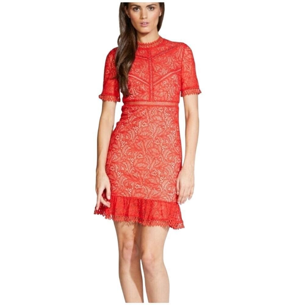 Bardot Theodore Mini Dress High Neck Fire‎ Red Lace over Nude Shell Women's 4 XS